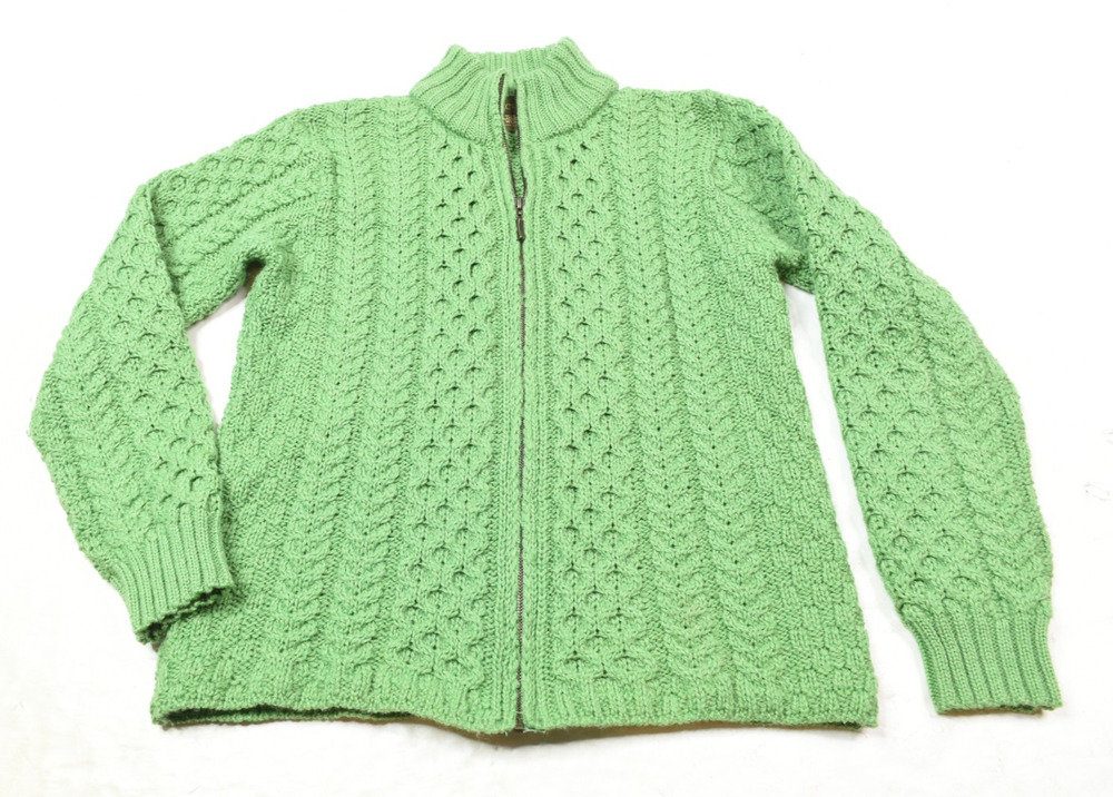 Inis Crafts Cable-Knit Sweater Womens Medium Green Merino Wool Full-Zip